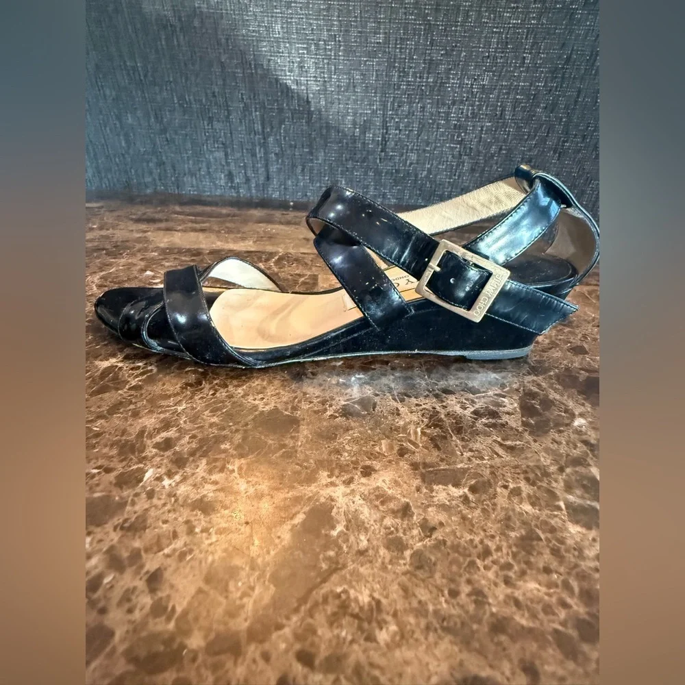 Jimmy Choo. Black Patent Connor Wedge Sandals. Size 37.